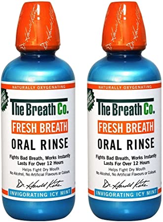 2 x The Breath Co® Fresh Breath Oral Rinse Mouthwash - Alcohol Free, No Artificial Flavours or Colours 500 ml - Icy Mint (Made In USA)