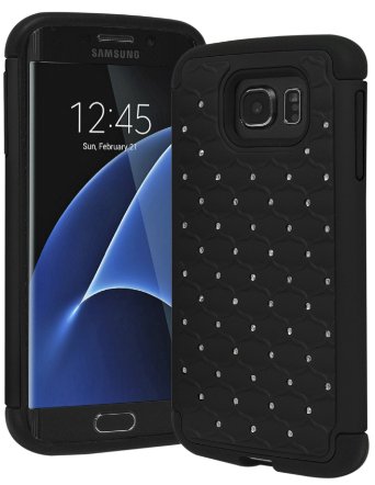 Galaxy S7 Edge Case Bastex Heavy Duty Slim Fit Hybrid Rubber Silicone Cover with Bling Rhinestone Premium Dual Layer Phone Case for Samsung Galaxy S7 Edge Black
