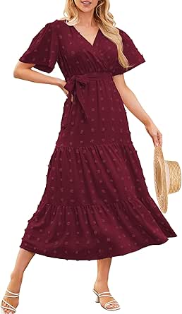 Summer Flowy Womens Dresses Boho Long Dress V Neck Short Sleeve Swiss Dot Dresses A Line Smocked Maxi Dresses for Women 2024