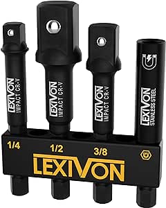 LEXIVON Coffret d'adaptateurs de douille à chocs et porte-embouts magnétiques | 4 pièces d’extension à tige hexagonale de 1/4 pouce vers 1/4", 3/8" et 1/2" | Comprend un support de rangement (LX-104)