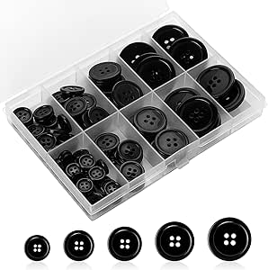 100 Pcs Sewing Buttons Round Black Buttons Resin 4-Hole Craft Buttons 5 Sizes Mixed Sewing Buttons Suitable for Sewing Suit Coat Shirt and DIY Decoration