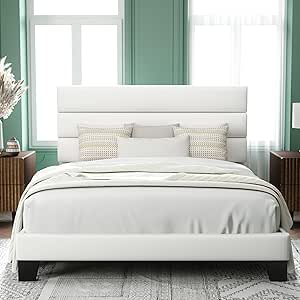 Allewie Queen Size Platform Bed Frame with Velvet Upholstered Headboard and Wooden Slats Support, Fully Upholstered Mattress Foundation/No Box Spring Needed/Easy Assembly, White