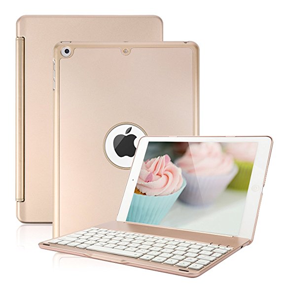 iPad Air Keyboard Case,KVAGO Wireless Bluetooth Keyboard with 7 colors backlight and Auto Wake / Sleep Function for Apple iPad Air 1,iPad 5(Gold)