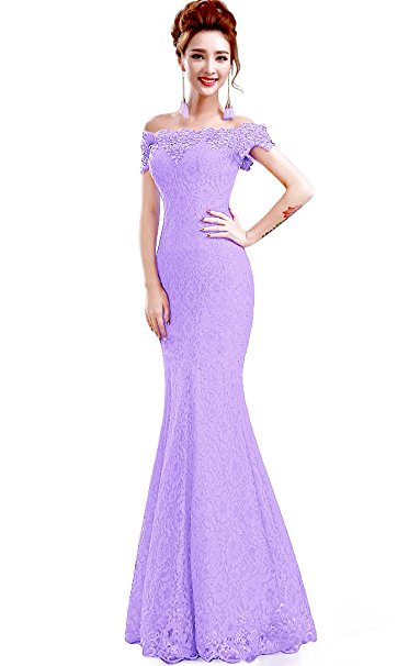 Babyonline off shoulder lace red Mermaid Evening Formal Bridesmaid dress