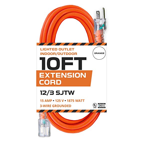 10 Ft Orange Extension Cord - 12/3 SJTW Heavy Duty Lighted Outdoor Extension Cable with 3 Prong Grounded Plug for Safety - Great for Garden & Major Appliances