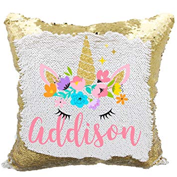 Personalized Mermaid Reversible Sequin Pillow, Custom Unicorn Sequin Pillow for Girls (White/Gold)