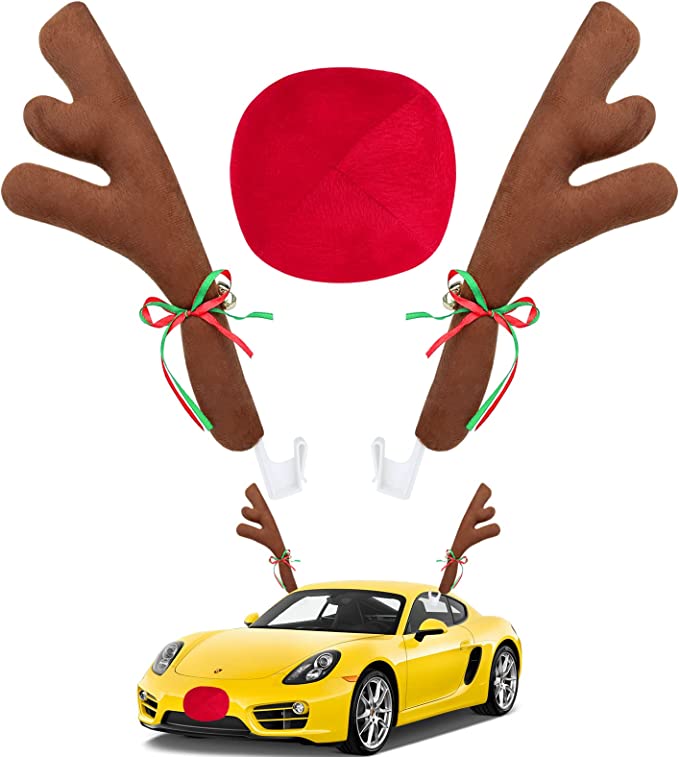 Hydencamm Car Reindeer Antler Kit Nose, Car Reindeer Antlers Christmas for Car Window Roof-Top & Front Grille, Auto Reindeer Antler and Nose Kit Decoration Set for Car SUV Van Truck