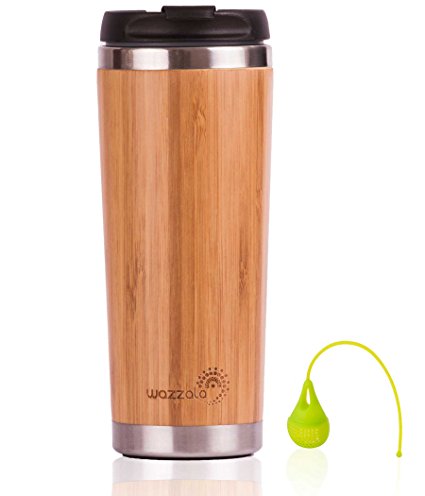 Elegant Reusable Bamboo Eco Travel Mug (Thermos) for Coffee or Tea | Spill-Proof, Easy to Clean Lid | Silicone Tea Infuser Included (14 Oz)