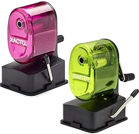 X-Acto 2012687 Bulldog Vacuum Wall Mount Manual Pencil Sharpener, Assorted Colors (2 Pack), See-through Receptacle, Affix to Any Nonporous Surface, X-ACTO Hardened Helical Cutter