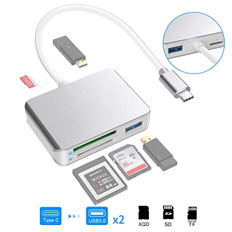XQD Card Reader USB C, Takya Type-C Dual USB3.0 Card Adapter Read 3 Cards Simultaneously XQD/SD/Mirco/TF Memory XQD Card Reader for Sony M/G Series, Lexar USB Mark Card 2933x/1400x