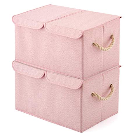 EZOWare Large Storage Boxes [2-Pack] Large Linen Fabric Foldable Storage Cubes Bin Box Containers with Lid and Handles for Nursery, Children, Closet, Bedroom, Living Room - Pink