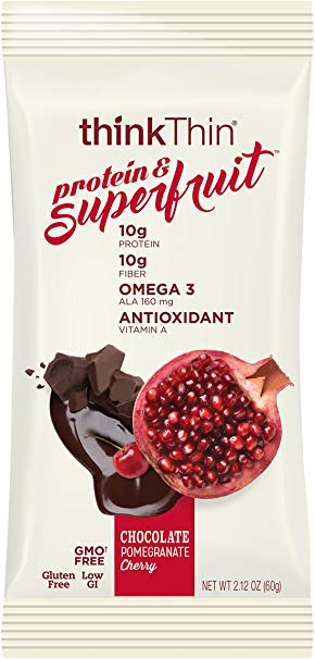 Protein & Superfruit Bars by thinkThin - On The Go, 10g Protein, 10g Fiber, Contains Omega 3 & Antioxidant, Gluten Free, GMO Free - Chocolate Pomegranate Cherry (9 Bars) - Package May Vary