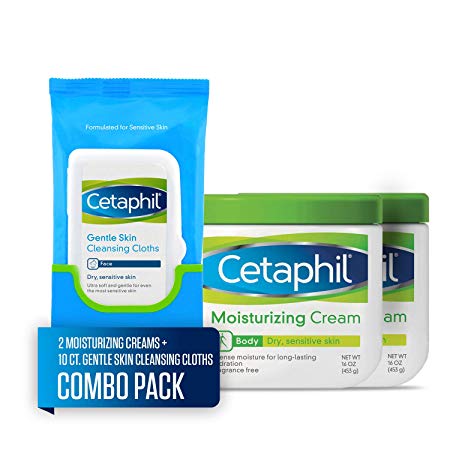 Cetaphil Moisturizing Cream, Two 16-oz. Jars, plus 10-ct. Cetaphil Gentle Skin Cleansing Cloths, Dry, Sensitive Skin (Combo Pack)