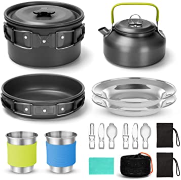 Odoland 16pcs Camping Cookware Kit with Folding Camping Stove Suit 2 People, Non-Stick Pot Pan Kettle Set with Stainless Steel Cups Plates Forks Knives Spoons for Outdoor Cooking and Picnic