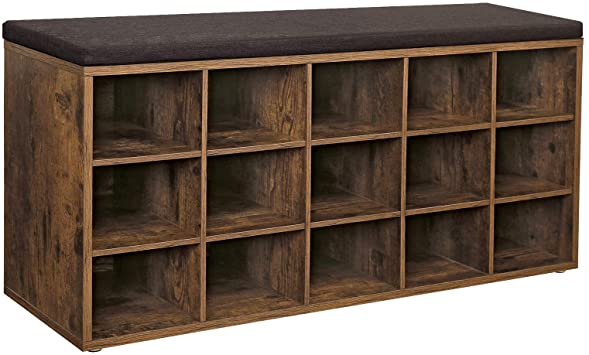 VASAGLE Shoe Bench with Cushion, 15-Cube Storage Bench, Holds up to 440 lb, Rustic Brown ULHS15BX