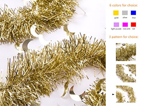 iPEGTOP 3 Pcs x 6.6 Ft Christmas Tinsel Garland, Sparkle Holiday Party Ceiling Tree Decorations Star Moon Hanging Ornaments, Gold