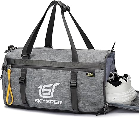 SKYSPER Sports Bag Small Gym Duffel Bag for Men Women with Wet Compartment & Shoe Compartment,Carry on Travel Duffel Bag Overnight for Weekend Swimming Training Yoga Lightgray