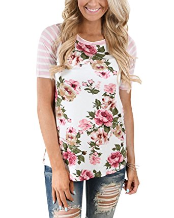 MEROKEETY Women's Floral Print Striped Tee Crew Neck Shirt Short Sleeve Tops With Pocket