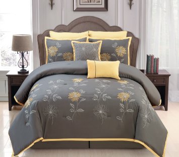 Sunshine Yellow / Grey Comforter Set Embroidery Bed In A Bag Queen Size Bedding