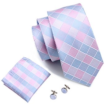 Hi-Tie Mens Classic Plaid Necktie Set include Hanky Cufflink