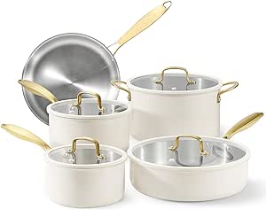 CAROTE Tri-Ply Stainless Steel Cookware Set, 9 Pcs Stainless Steel Pots and Pans Set with Tempered Glass Lids, Stay-Cool Golden Handles, Dishwasher and Oven Safe, California Collection, Cream White