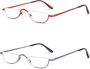 KoKoBin Half Reading Glasses - 2 Pairs Half Rim Metal Frame Glasses Spring Hinge Readers with Leather Pouch for Men and Women (Red Purple, 2.00)