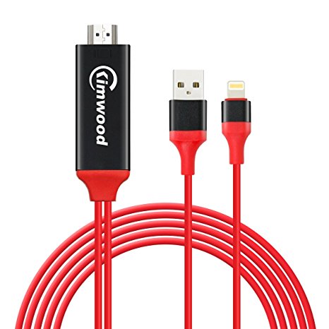 iPhone to HDMI, Kimwood Upgraded 6.5ft Lightning to HDMI Cable with 1080P Resolution for iPhone iPad iPod, Plug and Play(Red)