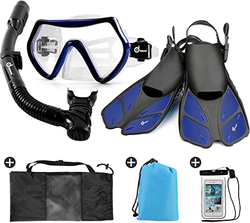 Odoland Snorkel Set 6-in-1 Snorkeling Packages, Diving Mask with Splash Guard Snorkel and Adjustable Swim Fins and Lightweight Backpack and Waterproof Case