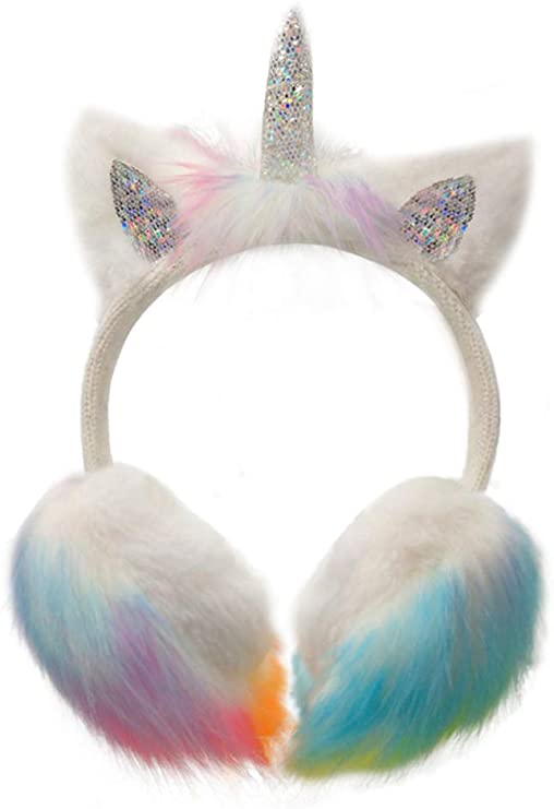 Gifts Treat Girls Unicorn Earmuffs Kids Plush Winter Outdoor Rainbow Adjustable Ear Warmers