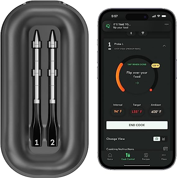 CHEF iQ Smart Wireless Meat Thermometer Unlimited Range, Bluetooth & WiFi Digital Food Thermometer with Alerts, Thin Probe for BBQ Grill, Oven, Smoker, Air Fryer, Deep Fryer, Sous Vide, Stove, 2 Set