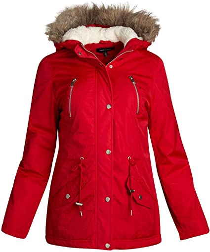 New Look Women's Winter Coat - Poly-Filled Diamond Quilted Anorak Jacket Faux-Fur Trim Hood