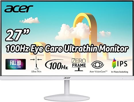 Acer SB272 Ewi 27" Full HD (1920 x 1080) IPS Zero-Frame Gaming Office Monitor | AMD FreeSync Technology | Ultra-Thin Stylish Design | 100Hz | 1ms (VRB) | Low Blue Light | Tilt | HDMI & VGA Ports