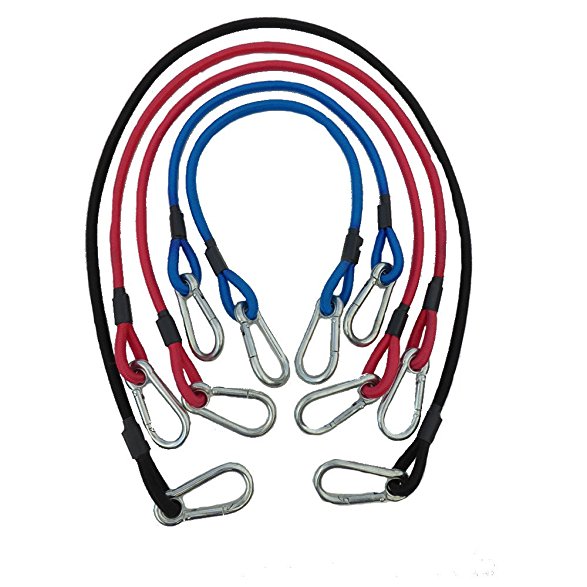 Carabiner Super Heavy Duty Bungee Cords with Hooks Proudly Made in USA By Super Smithee 3/8 UV Protected Cord 1 - 48" Black 2 - 36" Red 2 - 24" Blue