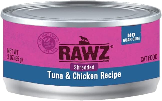 Rawz Natural Premium Shredded Canned Cat Wet Food - Grain Free Made with Real Meat Ingredients No BPA or Gums - 3oz Cans - 18 Count (Tuna & Chicken)