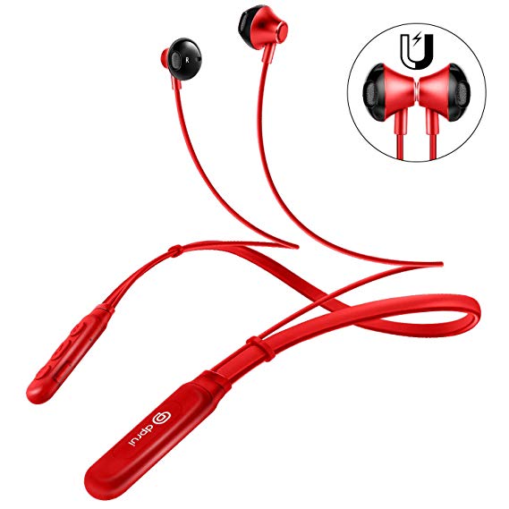 [2018 Upgraded Stereo] Bluetooth Headphones Neckband, DPRUI V4.2 Wireless Sports Headset Noise Canceling IPX7 Waterproof for Running/Gym with Mic (Red)
