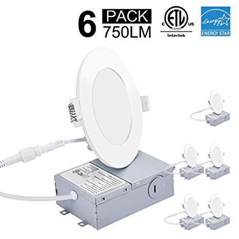 GOONILED Pot Lights 4Inch 9W 750LM Recessed Slim LED Ceiling Light with Junction Box, IC-Rated Dimmable Slim Potlight, ETL/Energy Star Approved (6Pack 5000K Cool White)