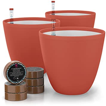 7'' Self Watering Planters for Indoor Plants - Flower Pot with Water Level Indicator for Plants, Grow Tracking Tool - Self Watering Planter Plant Pot - Coco Coir - Terracota Round 3 Pack