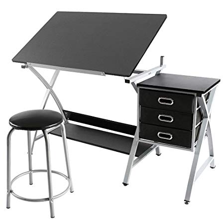 Yaheetech Drawing Drafting Table Craft Versatile Desk Tabletop Tilted Adjustable Folding Board Art Workstation w/Stool and 3 Storage Drawers