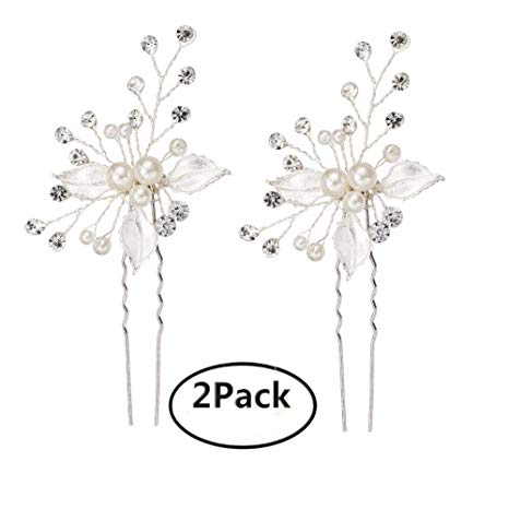 Ammei Silver Wedding Headpieces For Bride Handmade Leaves Design Bridal Hair Pins with Rhinestones and Pearls Set Of 2 (Silver)