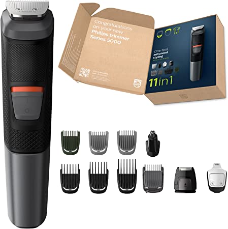 Philips 11-in-1 All-in-One Trimmer, Series 5000 Grooming Kit for Beard, Hair & Body with 11 Attachments, Including Nose Trimmer, Self-Sharpening Metal Blades, UK 3-Pin Plug - MG5730/35,Black