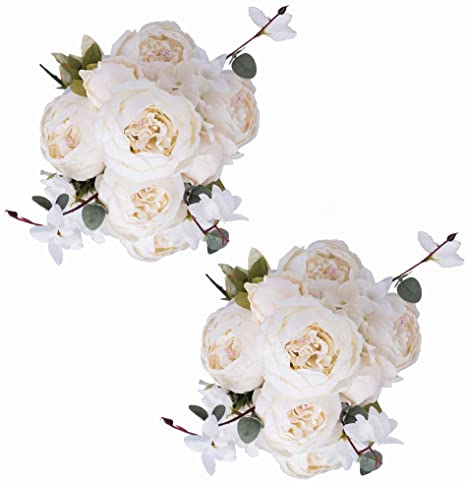 Fule 2 Pack Large Artificial Peony Silk Flower Bouquets Arrangement Wedding Centerpieces (Cream White)