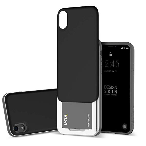 DesignSkin iPhone XR Sliding Card Holder Case, Extreme Heavy Duty Triple Layer Bumper Protection Wallet Cover with Storage Slot Slider for Apple iPhoneXR - Black Titanium