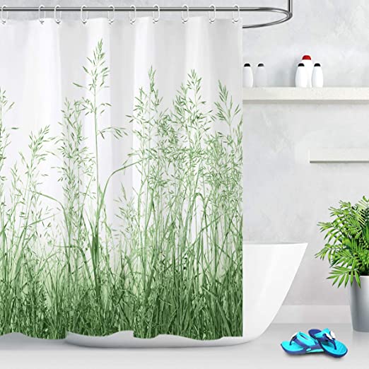 LB Wild Plant Green Floral Shower Curtain Spring Mint Green Leaves Grass Pattern Botanical Bathroom Curtain Watercolor Country Nature Art 72x72 Inch Polyester Fabric with 12 Hooks