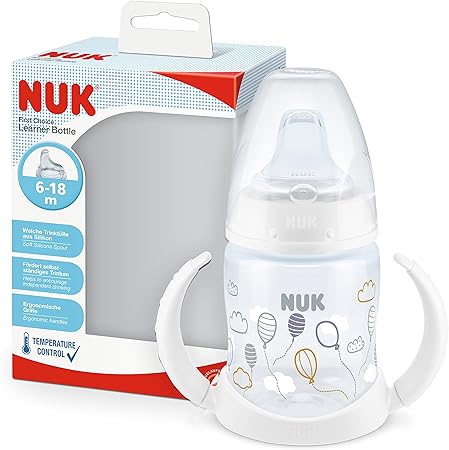 NUK First Choice Sippy Cup | 6-18 Months | 150 ml | Handles & Orthodontic Silicone Spout | Leak-Proof | Anti-Colic | Temperature Control | BPA-Free | White