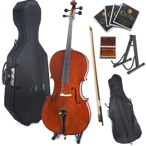 Cecilio CCO-500 Ebony Fitted Flamed Solid Wood Cello with Hard and Soft Case Stand Bow Rosin Bridge and Extra Set of Strings Size 44 Full Size