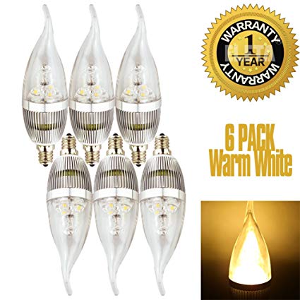 ELETA 6 Pack E12 LED Candelabra / Chandelier Bulbs, Warm White 3000 Kelvin, 250 Lumens, 3W Equivalent to 25W, Non-Dimmable, Silver Color Shell, Flame Shape