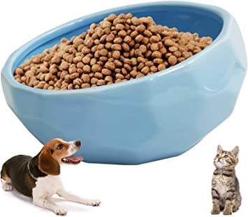 kathson Slanted Ceramic Dog Bowl Tilted 15° Cat Food Water Bowls Dish Animal Pet Comfort Feeding Bowls Heavy Weighted Feeder for Wet or Dry Food (Blue)