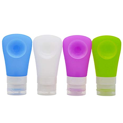 ANHONG Suction Cup Silicone Travel Bottles for Shampoo, Conditioner, Lotion, TSA Approved Food Grade Portable Leak Proof Travel Liquid Container, 2 Ounces,4 Pack (White/Blue/Green/Purple)