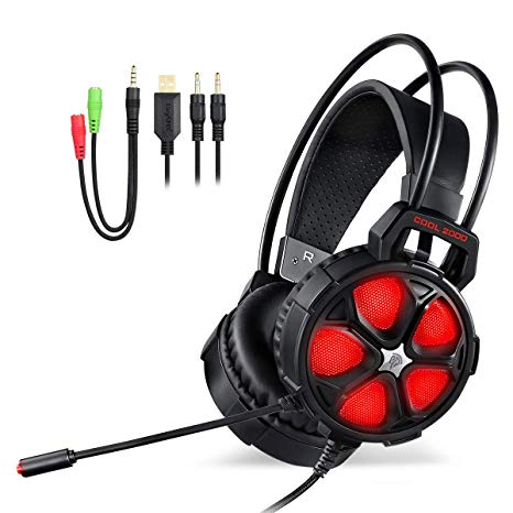 EasySMX Cool 2000 Stereo Gaming Headset for PS4, PC, Xbox One 7.1 Surround Sound Over Ear Headset with Noise Cancelling Mic, LED Light and Volume Control, Red