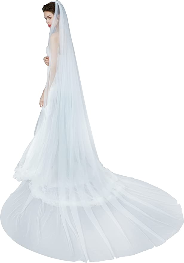 Wedding Bridal Veil with Comb 1 Tier Pencil Edge Chapel Cathedral Length Ivory White
